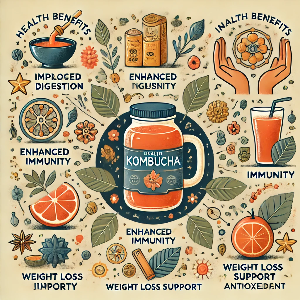 DALL·E 2024 07 25 15.11.20 An illustration showing the health benefits of kombucha including improved digestion enhanced immunity weight loss support and antioxidant propert