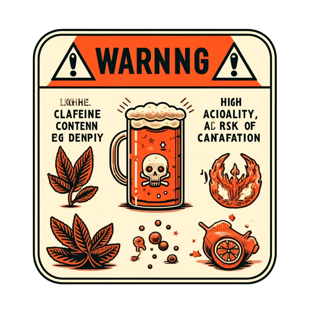 DALL·E 2024 07 25 15.11.22 A warning illustration showing the potential side effects of kombucha including caffeine content alcohol content high acidity and risk of contamin