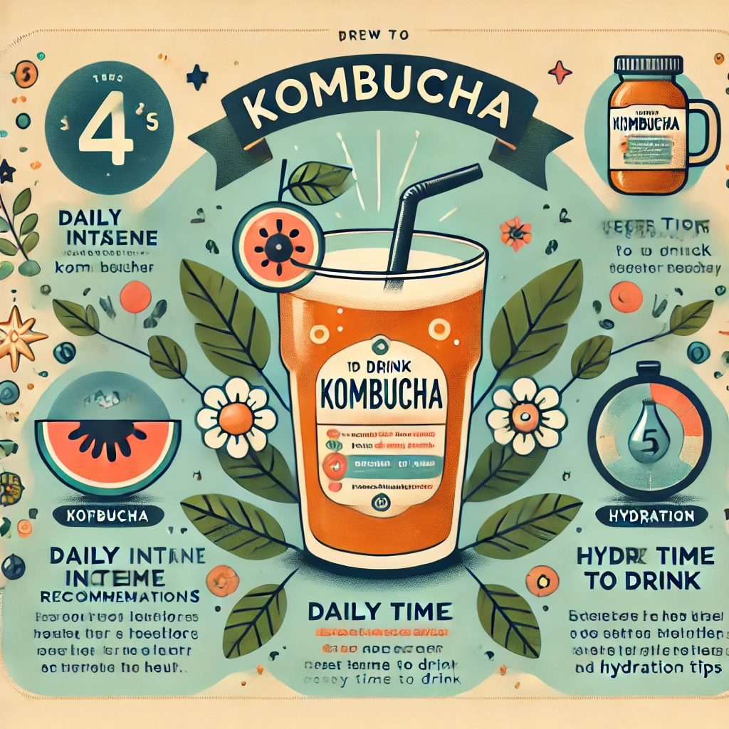 DALL·E 2024 07 25 15.11.24 An infographic showing the proper way to drink kombucha highlighting daily intake recommendations best time to drink and hydration tips